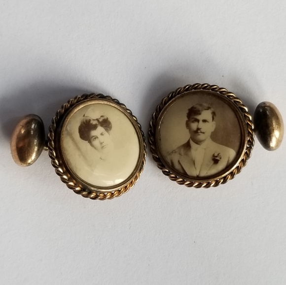 Relisted -Antique photo cufflinks gold tone photograph sepia - Picture 4 of 11